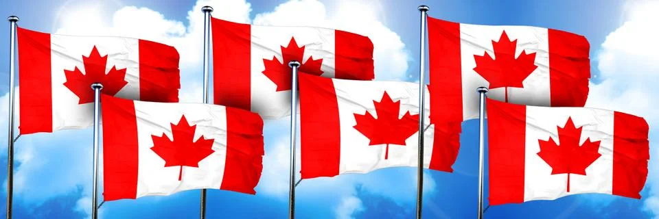 Canada flags, 3D rendering, on a cloud background Illustrazione stock