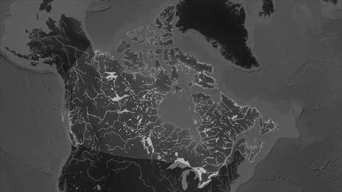 Canada highlighted on a Grayscale elevation map with lakes and rivers イラスト素材