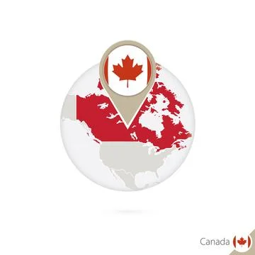 Canada map and flag in circle. Map of Canada, Canada flag pin. Map of Canad.. 库存插图