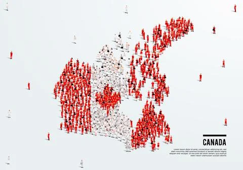 Canada Map and Flag. A large group of people in Canadian flag color. Stock Illustration