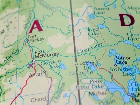 Canada map detail with selective focus on Fort McMurray Stock Photos