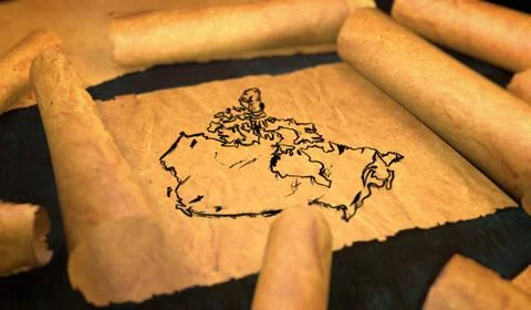 Canada Map Drawing Unfolding Old Paper Scroll 3D 스톡 일러스트