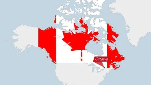 Canada map highlighted in Canada flag colors and pin of country capital Ottaw Stock Illustration