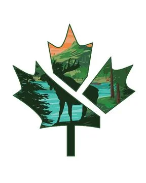 Canada Maple Leaf Silhouette with Moose and Forest Landscape Stock Illustration