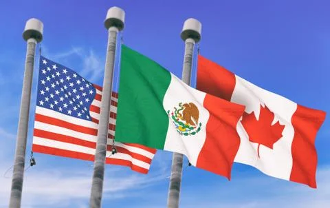 Canada, Mexico and US Flags over blue sky, conceptual image for Nafta agreeme Stock Illustration