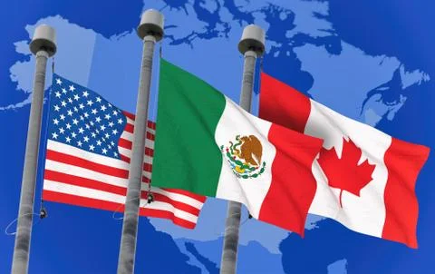 Canada, Mexico and US Flags over north america map, conceptual image for Naft Ilustração Stock
