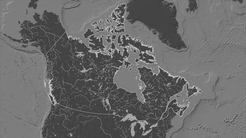 Canada outlined on a Bilevel elevation map with lakes and rivers Illustrazione stock