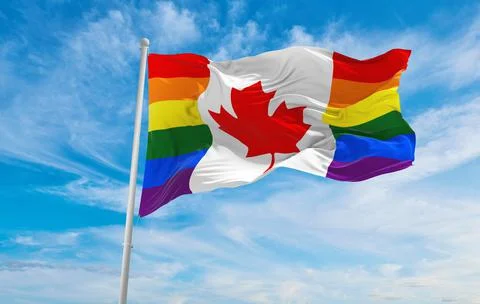 Canada Pride flag flag waving in the wind at cloudy sky. Freedom Stock Illustration