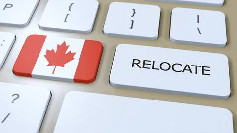 Canada Relocation Business Concept. 3D Illustration. Country Flag with Text.. Stock Illustration