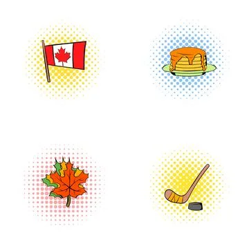 Canada symbols collection with flag, leaf, pancakes, ice hockey stick Stock Illustration