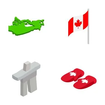 Canada symbols collection including map flag inukshuk mittens Stock Illustration