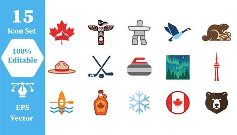Canada themed vector icon set featuring national symbols and cultural element Stock Illustration
