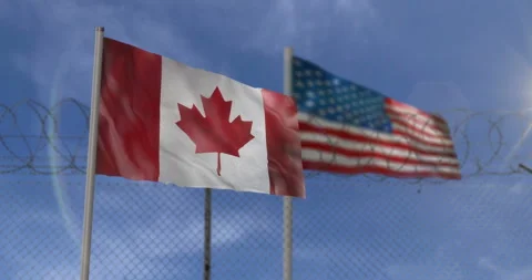 Canada USA waving flags with barbed wire border Stock Footage 327786006