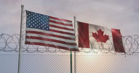 Canada USA waving flags with barbed wire fence Stock Footage 327786209