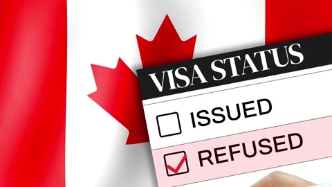 Canada visa status showing refused with red tick on the paper and waving flag Stock Footage 314542472