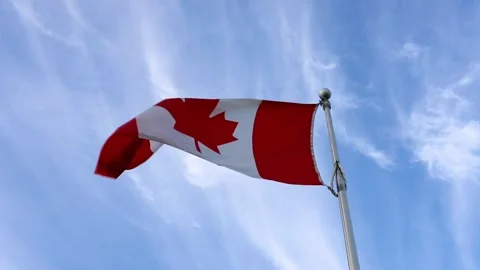 Canadian flag on a flagpole flutters in the wind against a deep blue sky.  Video stock 254367550
