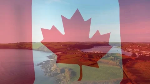 Canadian flag overlay staying centered while drone pan starting, revealing Stock Footage 334729242