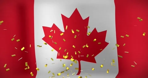 Canadian flag rippling after delay, timed gold confetti bursting across center, Stock Footage 329869817