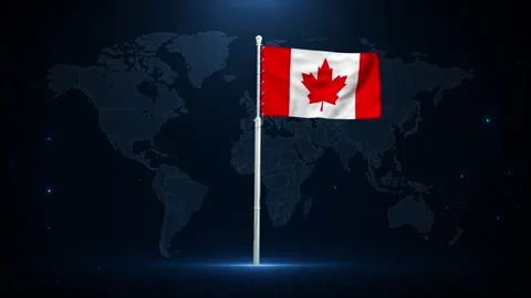 Canadian flag waving in front of a digital world map. Stock Footage 340414031
