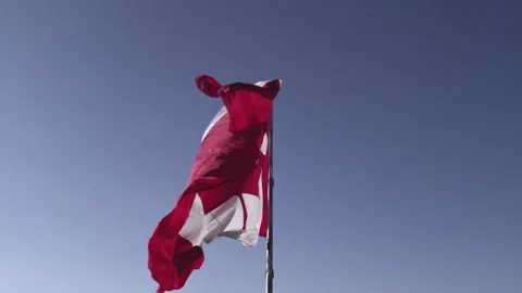 Canadian flag at wind, blue cloudy sky and golden hour sun. Happy Canadian .. Vidéo 229595215