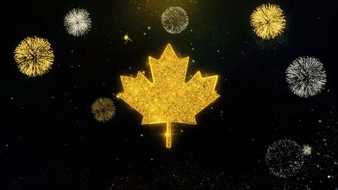 Canadian Maple Leaf Icon on Gold Particles Fireworks Display. Stock Footage 114686300