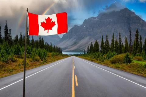 Canadian National Flag Comoposite. Scenic Road in the Rockies. Stock Photos