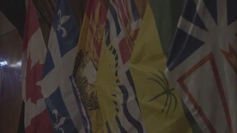 Canadian Provincial Flags Side by Side Inside a Room Stock Footage 165608732