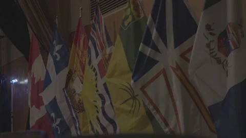 Canadian Provincial Flags Side by Side Inside a Room Stock Footage 165608796
