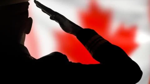 Canadian Soldier Army Silhouette Salute, Canada Flag Maple Leaf Background Stock Photos