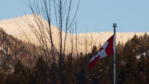 Canadian state flag flying in wind in mountain location, British Columbia Stock Footage 129116337