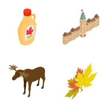 Canadian symbols featuring maple leaf, moose, parliament building Stock Illustration