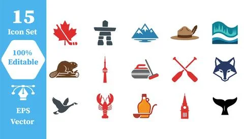 Canadian themed icon set featuring iconic cultural and nature symbols, leaf.. Ilustración de archivo