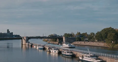 Canal with Barges and 8K Bridge Stock-Footage 343735822