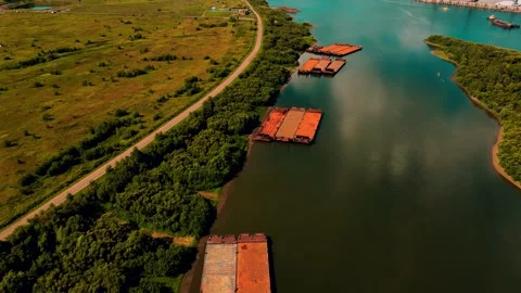 Canal with barges in Siberia Stock Footage 136433151