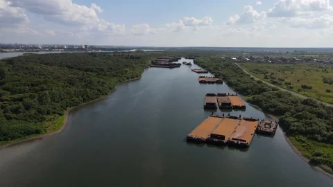 Canal with barges in Siberia Stock Footage 137844586