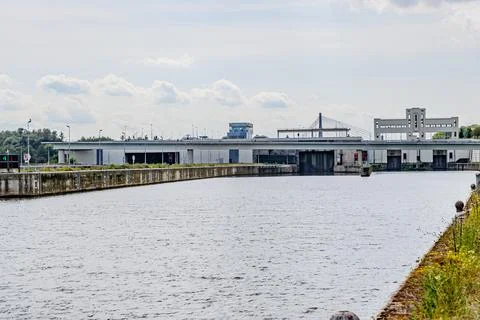 Canal at Lanaye lock complex with closed gates Stock Photos