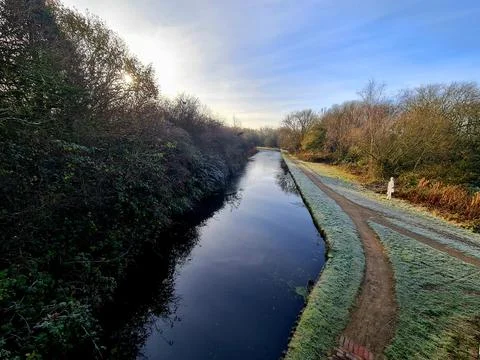 A canal with a path going alongside, the sun is out, on a cold frosty day Photos