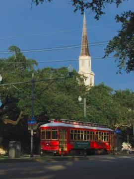 The Canal Street Streetcar passes the First Grace United Methodist Church Stock Photos