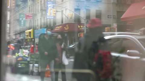 Canal Street Window Reflection of Crowd Walking by Stock Footage 143986855