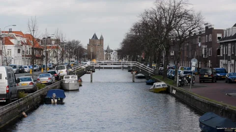 Canal with a white bridge and small tower, Haarlem, Netherlands Stock Footage 34621374