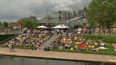 Canalside Green Steps in Granary Square, King's Cross Stock Footage 247133324