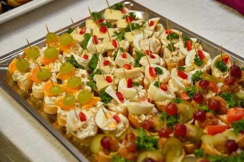 Canape selection on slate platter Stock Photos