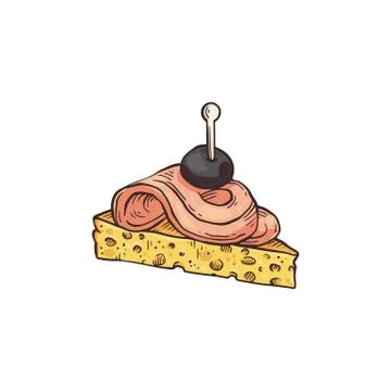 Canape snack from bread with ham on skewer sketch vector illustration isolated. Illustrazione stock
