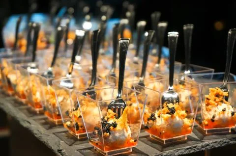 Canapes on the buffet table. Stand-up meal Stock Photos