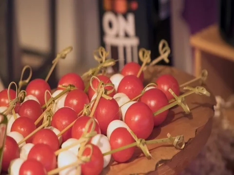 Canapes cherry tomato with cheese 스톡 동영상 81308837