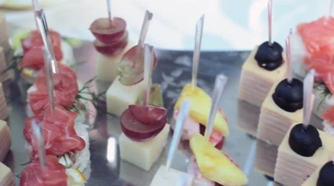 Canapes on holiday table. Wedding. Stock-Footage 54685283