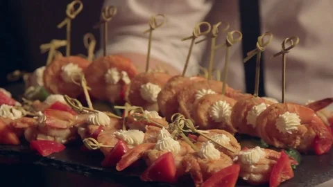 Canapes from king prawns Stock Footage 77645821