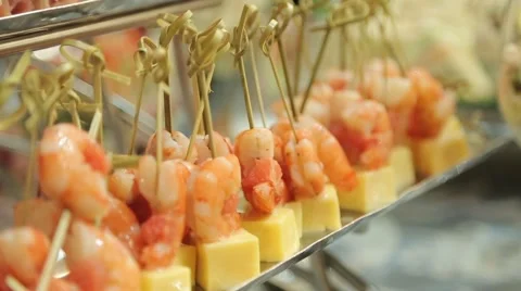 Canapes with prawns and cheese close up Stock Footage 60618138