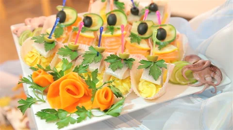 Canapes With Salmon and Herring in a Dish Stock Footage 62201682