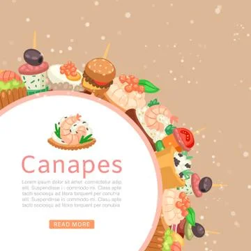 Canapes, tapas on plate web banner, appetizer dish with caviar, olives and green Stock Illustration